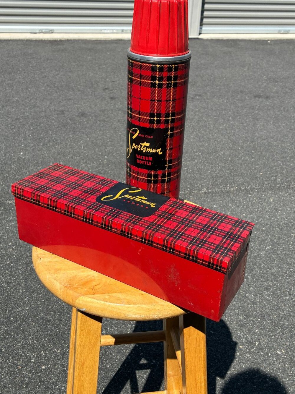 Vintage Sportsman Red Plaid Thermos Vacuum Bottle & Metal Sandwich Box Tin SetVi